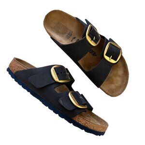 Birkenstock Black Two-Strap Sandals with Gold Buckles and Navy Sole